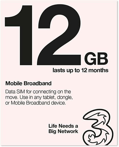 Three Mobile Broadband Data Sim With 12GB lasts Up To 12 Months